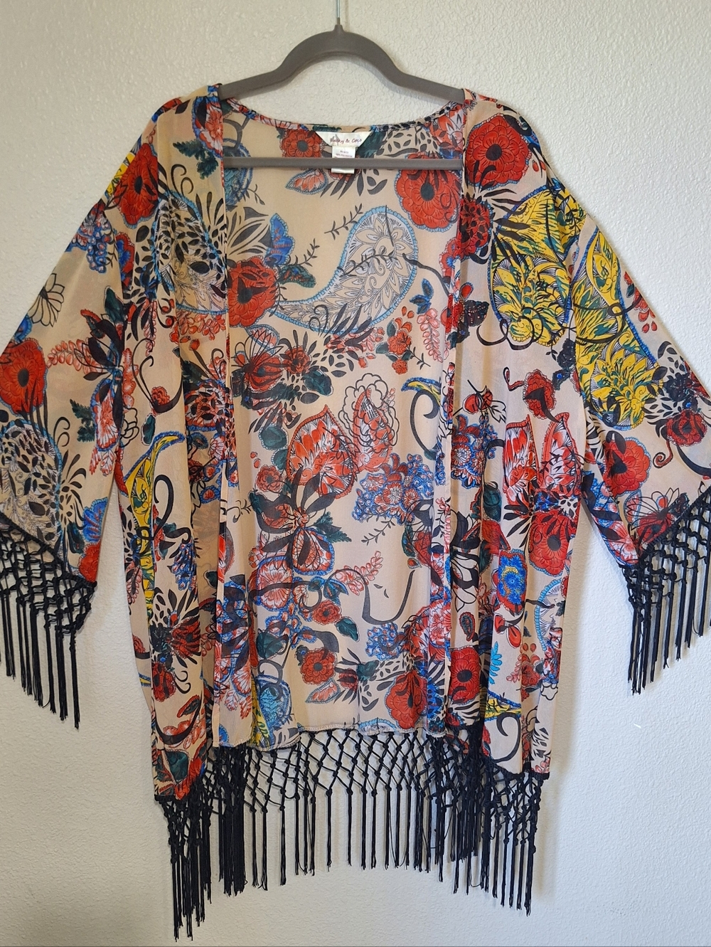 Lucky & Coco Boho Kimono Size L Floral Fringe Open Front Sheer Festival Duster